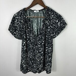 GAP Blouse XL Black White Floral V-Neck Boho Cottagecore Romantic Flowy Top